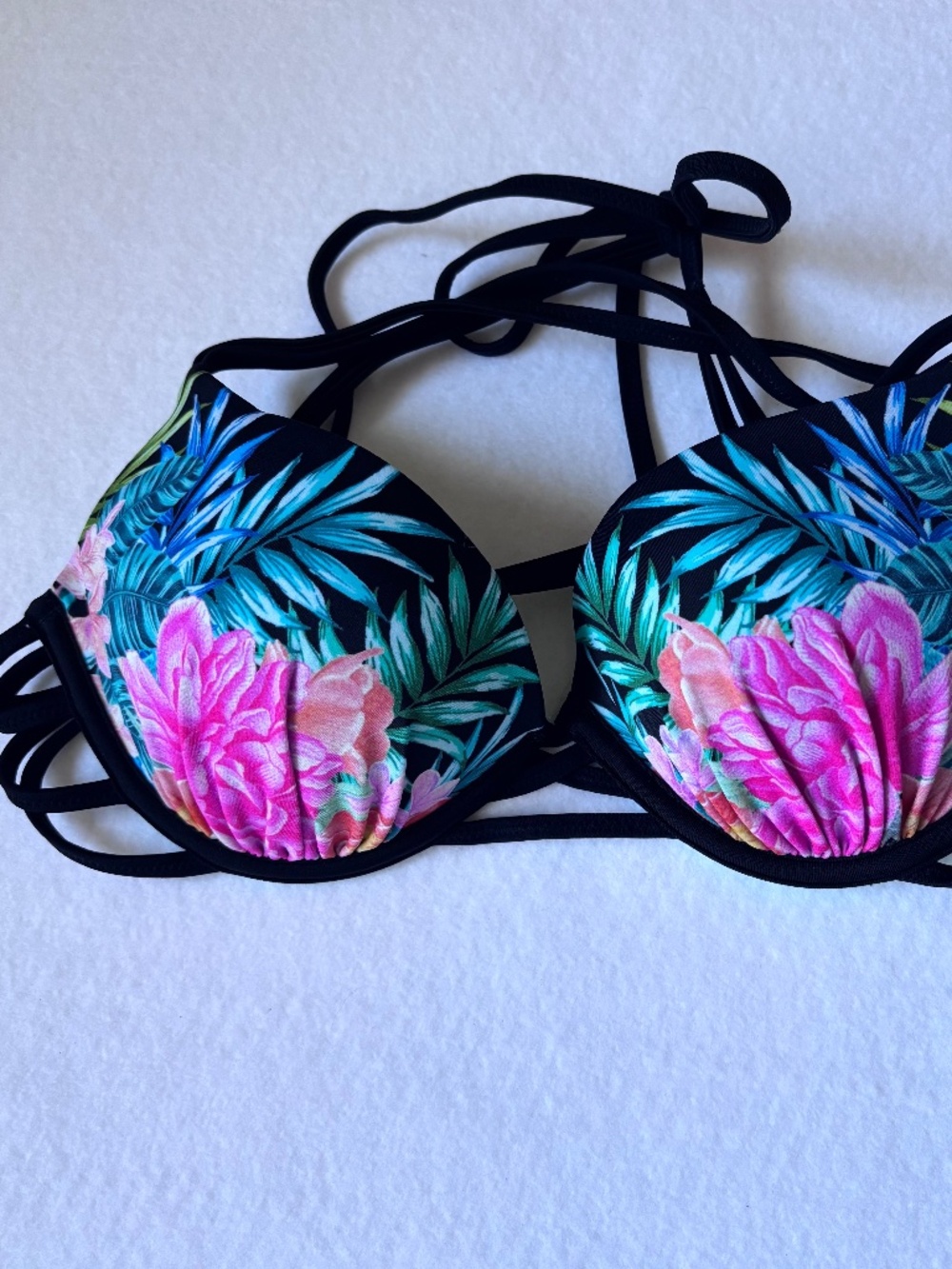 Shade & Shore Tropical Floral Push Up Bikini Top Black Pink Strappy 34B NWT
